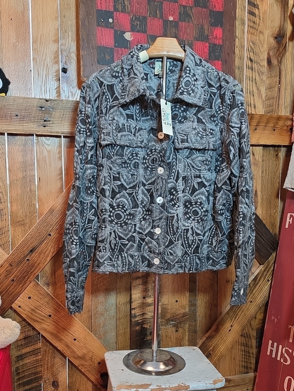 145p Jaded Gypsy Garden Bliss Jacket Floral-Print Gray Button-Up Lace Jacket - Picture 2 of 10